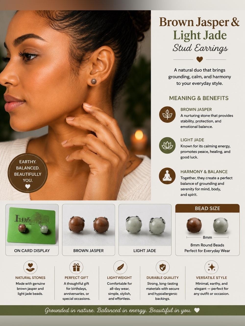 Brown Jasper & Light Jade Stud Earrings
